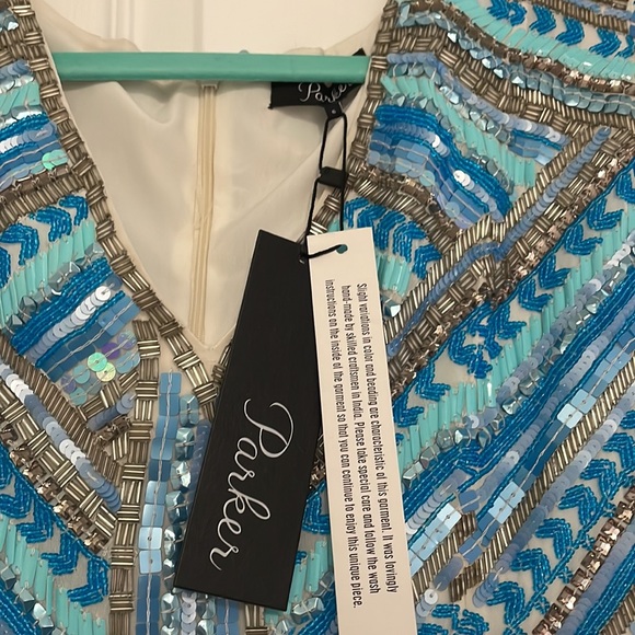 Parker heavily beaded embellished sequin  vneck turquoise blue mini dress NWT - Picture 4 of 5